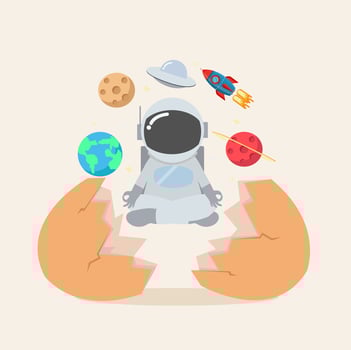 Broken egg shell with Astronaut meditating  in space vector