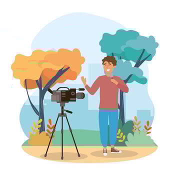 Male reporter in park with camera  vector