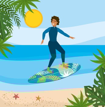 Man in wetsuit on surfboard in ocean  vector