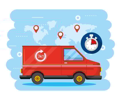 Delivery van and stopwatch with global map with locations  vector