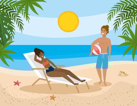 Man and woman hanging out on beach  vector