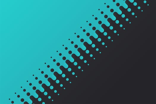Halftone vector background divides blue and black spheres that gradually fade away.