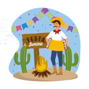 man wearing hat with accordion and party banner vector