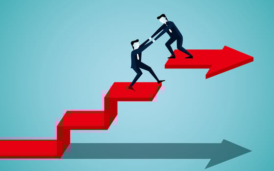 Businessman is helping to pull one more person up on the red ladder arrow vector