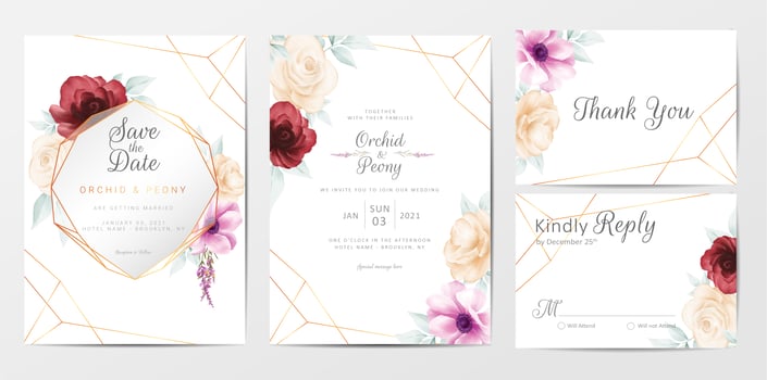 Wedding invitation cards template set with watercolor flowers vector