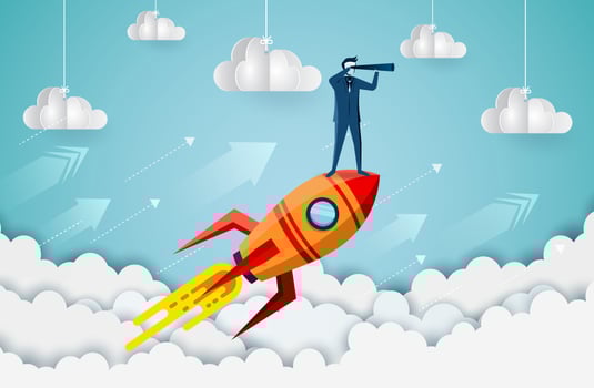 Businessmen standing on rocket shooting in sky  vector