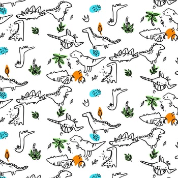 Hand drawn simple black line dinosaur pattern vector