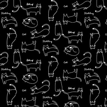Hand drawn white outline cat sitting and stretching pattern vector