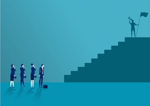 Business man looking the stairs. On top at the peak of success vector