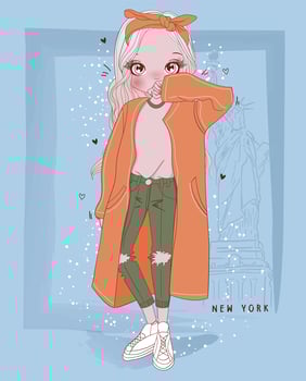 Hand drawn cute girl wearing long coat in new york vector