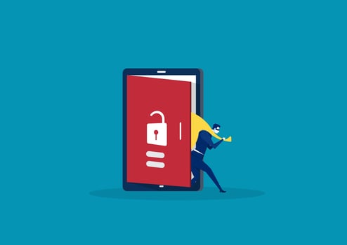 Hacker step out of smart phone screen after his criminal activity vector