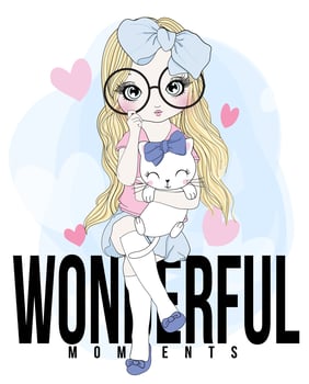 Hand drawn cute girl with cat sitting on WONDERFUL MOMENTS text vector