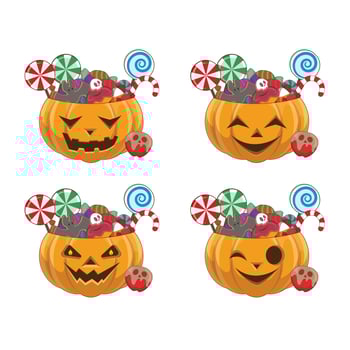 Set of Halloween pumpkins with four different faces filled with sweets vector