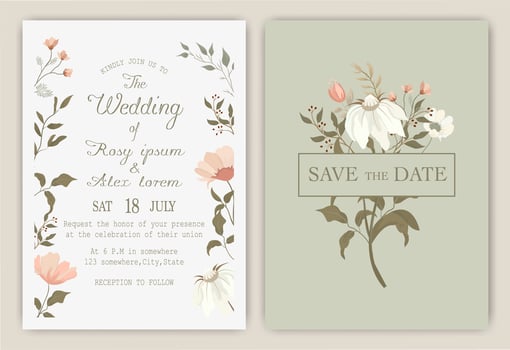 wedding invitation card with colourful floral and leaves. vector