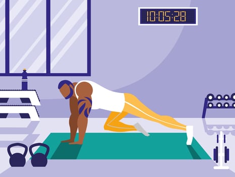 young athletic man doing chest push ups in gym vector