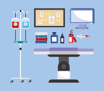 set medical utensils with stretcher and blood donation vector
