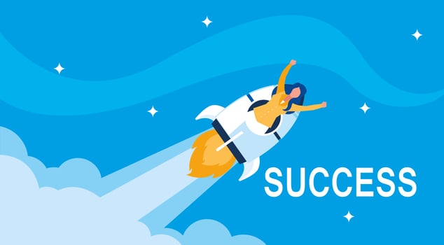 sucessful businesswoman celebrating with rocket vector