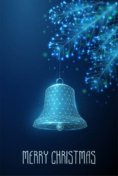 Merry Christmas bell hanging on fir tree branch. Low poly style design. vector