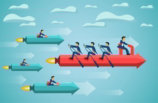 business teamwork on rowing arrow on sky success goal vector