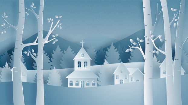 Landscape of village in winter field in paper cut style vector