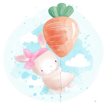 Cute little bunny flying with carrot balloon vector