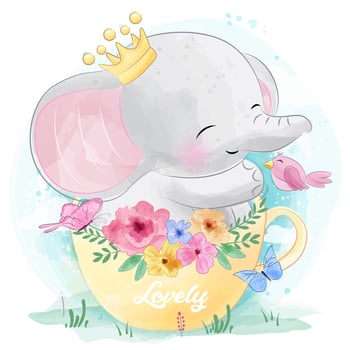 Cute little elephant sitting inside the teacup vector
