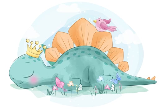 Cute Stegosaurus little dinosaur with bird vector
