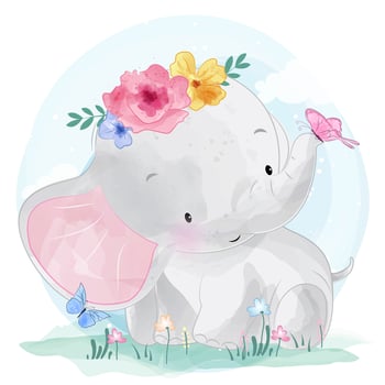 Cute little elephant and butterflies vector
