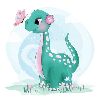 Cute little Brachiosaurus dinosaur with butterflies vector