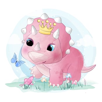 Cute little triceratops dinosaur with butterflies vector