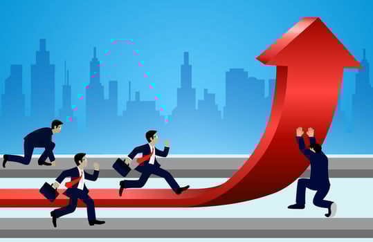 Businessmen racing and change directions arrows red to goal vector
