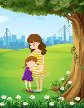 A mother and her daughter under the tree vector