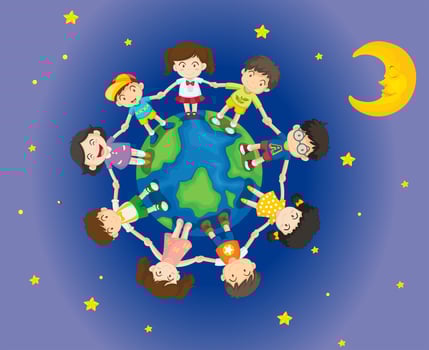 Happy kids surrounding the Earth vector