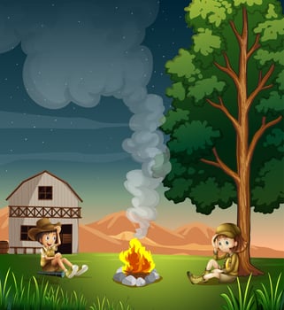 Two explorers making a campfire vector