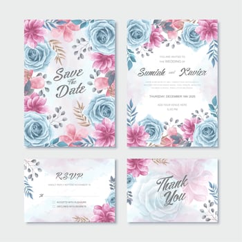 Blue Pink Watercolor Flower Wedding Invitation Card Template Set vector