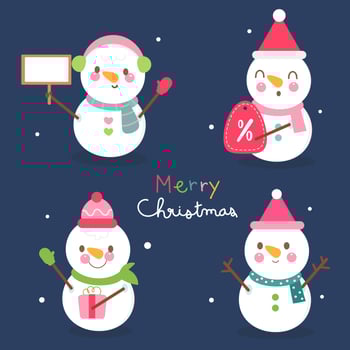Pack of snowmans art collection sale discount store sweet Christmas cartoon festival vector