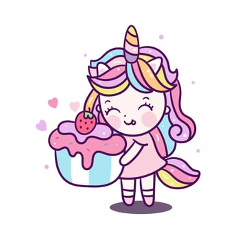 Cute Unicorn girl holding Kawaii cupcake  vector