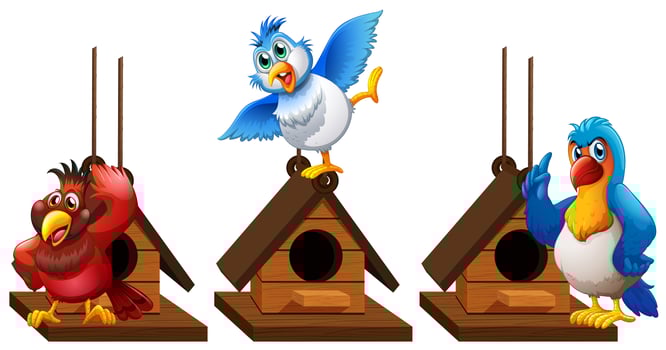 Three parrot macaw birds in birdhouse vector