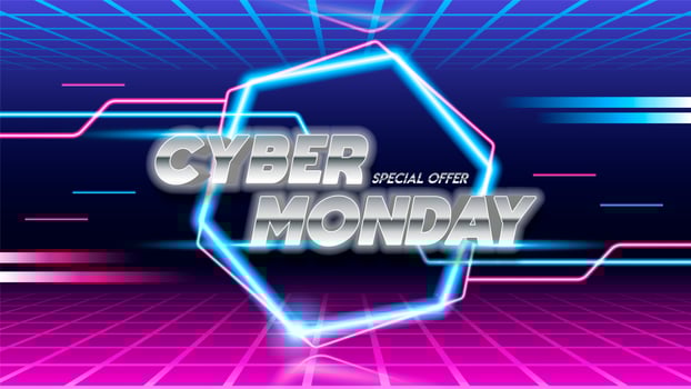 Cyber Monday sale poster design on blue and pink background. vector