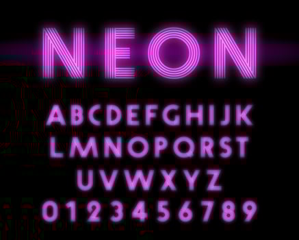 Retro neon alphabet font. Letters and numbers line design vector