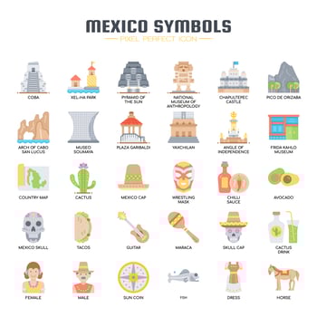 Mexico Elements Flat Color Icons vector