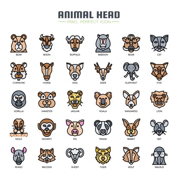 Animal Head Thin Line Color Icons vector