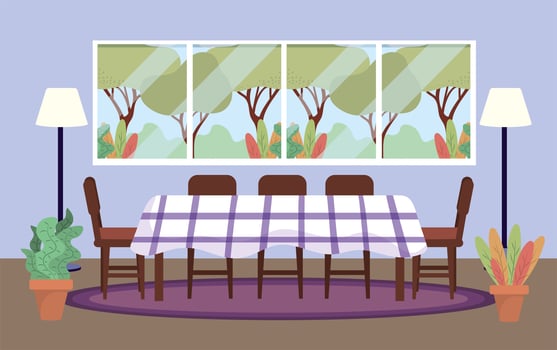 diving room with table and plants decoration vector