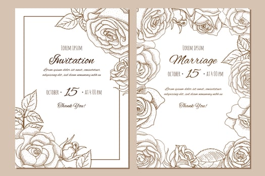 Set of vintage hand drawn wedding invitation with roses. vector