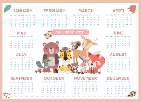 2020 calendar a3 size cute woodland animal minimalism yearly  vector