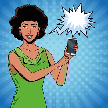 Pop art woman holding phone with speech bubble vector