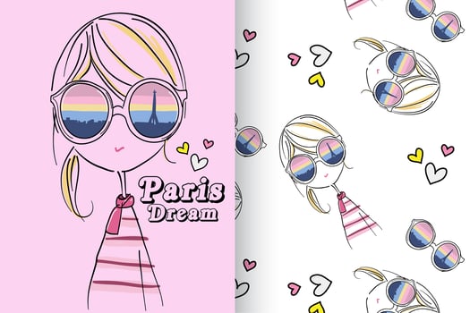 Hand drawn cute girl with pattern set vector