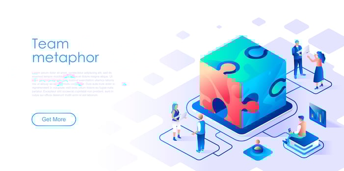 Team metaphor with cube puzzle isometric landing page vector