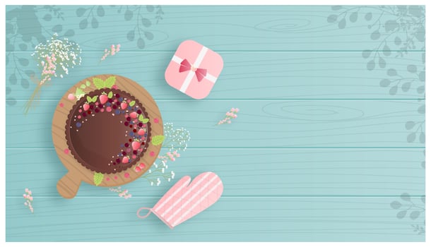 Flat design chocolate and berries dessert vector