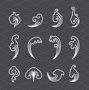 Oriental water icons on wave seamless wallpaper. vector